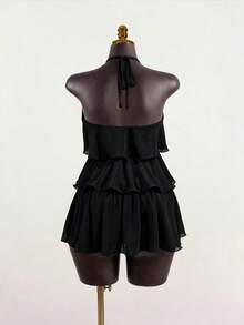 SaltGleam SaltGleam Women's Solid Color French Fashion Multi-Layer Ruffle Hem Halter Neck Tie Strap Dress - Black - View 2