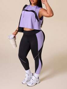 SHEIN Rhythm Era 女款運動瑜珈戶外健身運動套裝，抽繩連帽無袖寬鬆連帽衫，胸前弧形對比色設計，線條與色塊對比緊身褲 - 彩色 - 查看 4