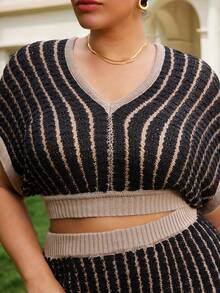 VOLUPTÉ CURVE Plus Size Women's Spring/Summer Black 2-Piece Set V-Neck Striped Knit Short Sleeve Top & Maxi Skirt, Elegant Casual Business Vacation Outfit - White - View 8