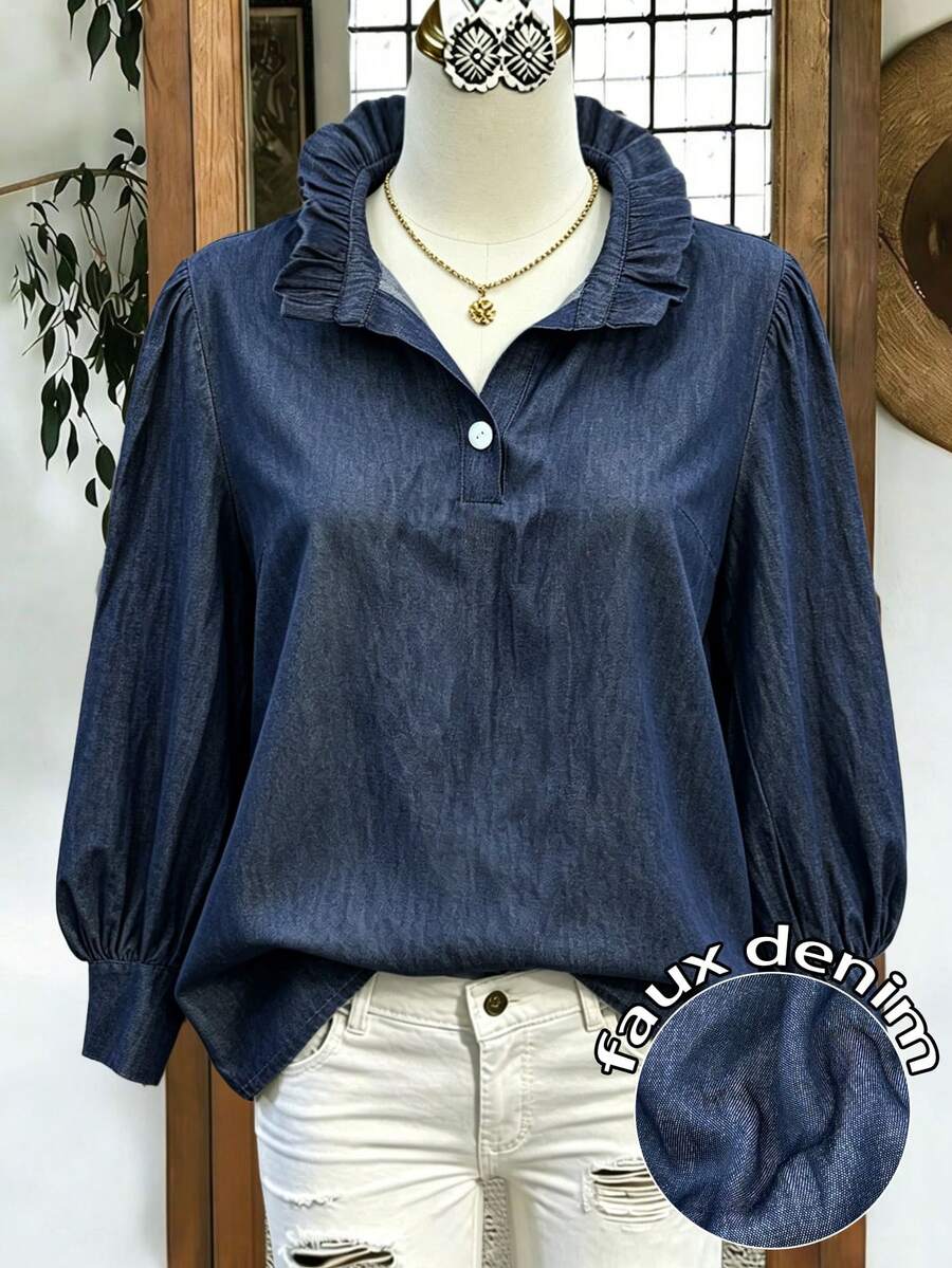 Linhara Plus Size Women's Casual Spring/Autumn Blouse, Minimalist Versatile Retro Style, Solid Color Lapel Loose Fit Shirt, Suitable For Spring/Autumn Wear - Blue - View 1