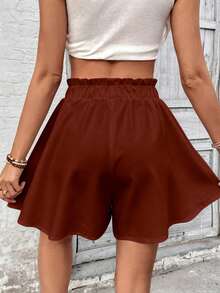 EMERY ROSE Plus Size Solid Rust Brown Paperbag Drawstring High Waist Flowy A-Line Ruffle Hem Skort Women Summer Casual Wide Leg Shorts - Multicolor - View 2