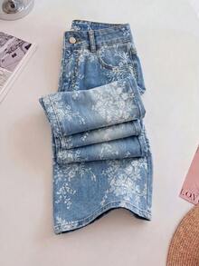 GlowEve Women's Floral Jacquard Fabric Jeans Date Daily Blue Floral Summer Romantic Vintage - Medium Wash - View 6