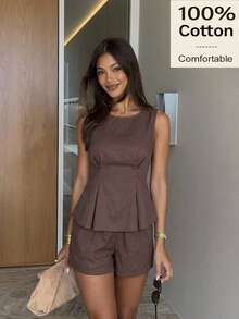 Siren Gaze Summer Fall 100% Cotton Women Brown Round Neck Pleated Top And Shorts Casual Sets Elegant Y2k Holiday Vacation Boho Western  Ruffle Peplum Pleated - Brown - View 1