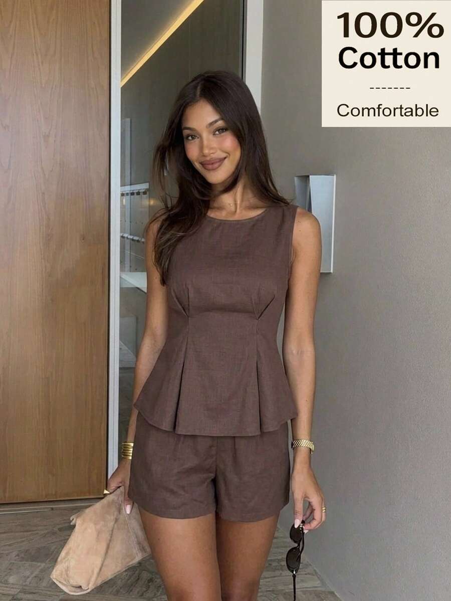 Siren Gaze Summer Fall 100% Cotton Women Brown Round Neck Pleated Top And Shorts Casual Sets Elegant Y2k Holiday Vacation Boho Western  Ruffle Peplum Pleated - Brown - View 1
