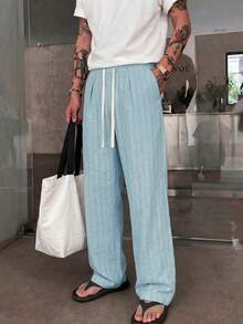 STEELVANCE Men's Casual Striped Drawstring Waist Loose Fit Long Pants With Pockets - Cadet Blue - View 4