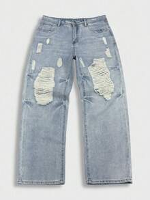Manfinity Roghcode Men's Summer Light Wash Blue Distressed Denim Long Pants Street Loose Fit - Light Wash - View 4
