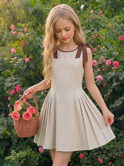 SHEIN Tween Girl Tween Girls' Casual Everyday Contrast Brown Color Bow Decor Square Neck Wide Straps, Bow Shoulder Decor Flared Skirt, Soft & Crisp Suitable For Multiple Seasons, Suitable For Daily Wear/Party, Relaxed Fit Non-Binding, Easy To Match & Maintain