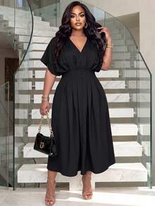 Poshavie Poshavie Plus-Size Women's Casual Slimming Dress, Stretchy Waist-Cinching Design, Suitable For Everyday Wear. - Black - View 6