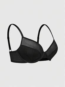 SHAPORA Sujetador con aros de malla patchwork para mujer talla grande con relleno, efecto push-up y elevador, efecto reductor para busto grande, 1 pieza - Negro - Ver 4