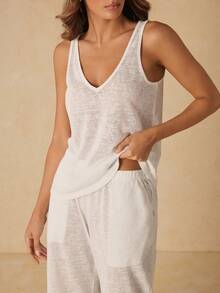 HautHeat Women's Solid Color Tank Top & Long Pants Loungewear Set - White - View 7