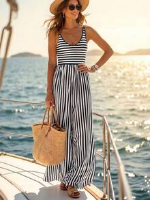 Balvessa Jumpsuit Wanita Gaya Liburan Pulau Bahari Musim Semi/Panas Desain Santai Vintage Kasual Bergaris Gaya Klasik - MultiWarna - View 6