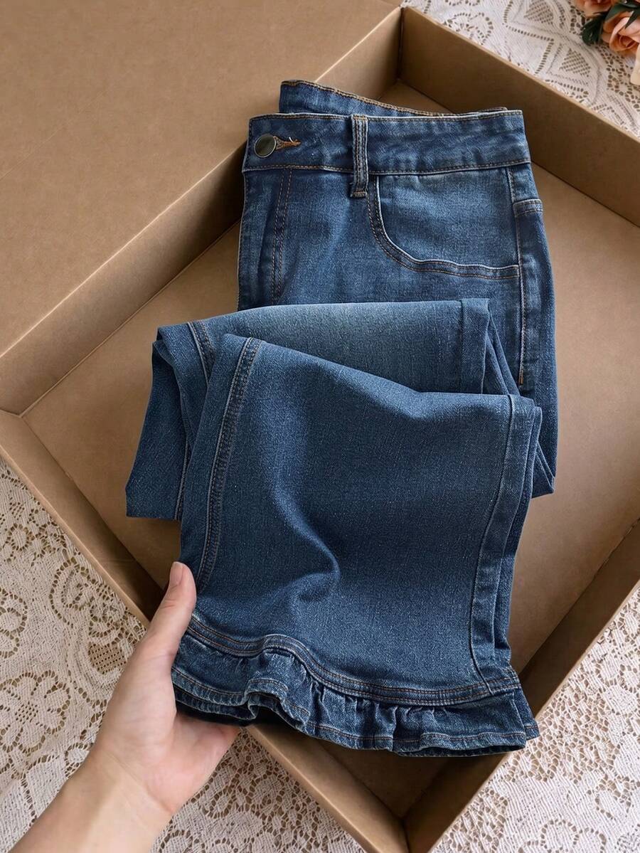 GlowEve CURVE Plus Size Casual Washed Ruffle Hem Jeans - Dark Wash - View 1
