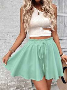 EMERY ROSE Plus Size Mint Green Solid Paperbag Ruffle Waist Drawstring Elastic Flowy Skort Wavy Hem Wide Leg Casual Summer Beach Shorts - Multicolor - View 5
