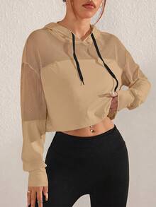 SHEIN Sovereign Charm 女款素色長袖抽繩連帽衛衣 - 卡其色 - 查看 6
