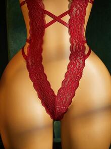 SpicyHot 1pc Black Lace Sexy Open-Cup Lingerie Jumpsuit,Sexy Lingerie For Women,Adult ,Honeymoon,Hot,Date Night,Lingerie,Lace Sexy Lingerie,Sexy Outfit - Burgundy - View 4