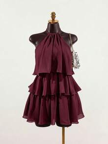 SaltGleam SaltGleam Women's Summer Elegant Solid Color Backless Halter Mini Dress - Burgundy - View 3