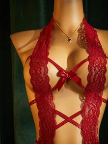 SpicyHot 1pc Black Lace Sexy Open-Cup Lingerie Jumpsuit,Sexy Lingerie For Women,Adult ,Honeymoon,Hot,Date Night,Lingerie,Lace Sexy Lingerie,Sexy Outfit - Burgundy - View 3