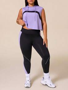 SHEIN Rhythm Era 女款運動瑜珈戶外健身運動套裝，抽繩連帽無袖寬鬆連帽衫，胸前弧形對比色設計，線條與色塊對比緊身褲 - 彩色 - 查看 6