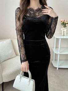 DAZY Women's Lace Patchwork Mermaid Midi Dress, Autumn Long Sleeve Dress - Black - View 13
