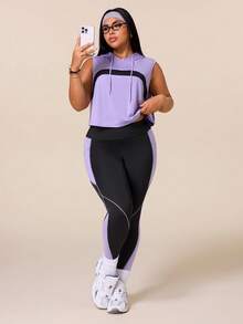 SHEIN Rhythm Era 女款運動瑜珈戶外健身運動套裝，抽繩連帽無袖寬鬆連帽衫，胸前弧形對比色設計，線條與色塊對比緊身褲 - 彩色 - 查看 5