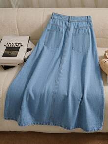GlowEve CURVE 大尺碼女款春夏休閒日常牛仔裙，附口袋與鈕扣設計 - 中等水洗藍 - 查看 2