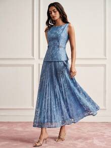 BELROSIE Elegant Intellectual Sleeveless Lace Top And Pleated Skirt 2 Pieces Set For Women Party Navy Blue Summer - Blue - View 5
