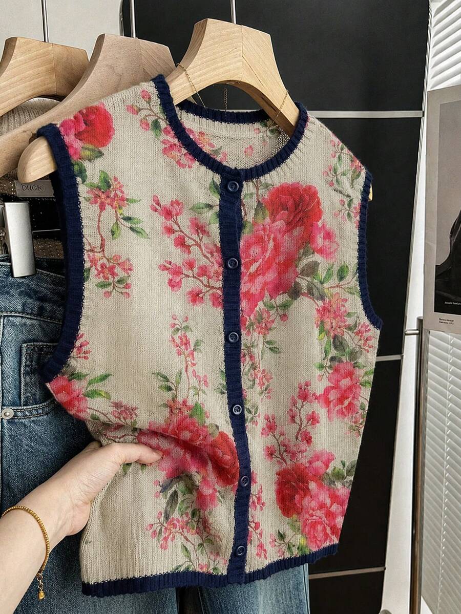Linhara Plus Size Women's Spring/Autumn Casual Style, Minimalist Versatile Retro Style, Full Floral Random Print Contrast Color Round Neck Single-Breasted Loose Knit Vest, Suitable For Spring/Autumn Wear - Multicolor - View 1
