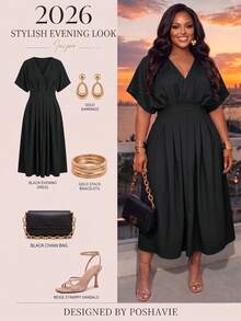 Poshavie Poshavie Plus-Size Women's Casual Slimming Dress, Stretchy Waist-Cinching Design, Suitable For Everyday Wear. - Black - View 1