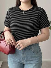 Dazy Plus Colorblock Striped Crew Neck Short Sleeve Slim Fit T-Shirt, Spring/Summer - Black - View 2