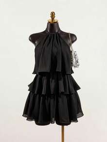 SaltGleam SaltGleam Women's Solid Color French Fashion Multi-Layer Ruffle Hem Halter Neck Tie Strap Dress - Black - View 3