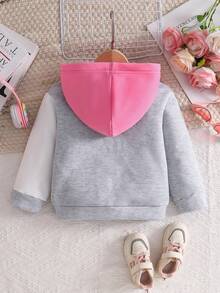 SHEIN Elladie kids 女童休閒運動灰色+桃粉色+奶油白三色幾何拼接對比夾克，胸前精緻小印花，適合日常穿著；可搭配運動束口褲、牛仔褲、百褶裙，適用校園日常、休閒出遊、居家社交、家庭聚會、短途旅行 - 彩色 - 查看 2