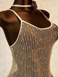 SHEIN Swim 女款春夏泳裝外罩衫，網紗設計，防曬，適合游泳、溫泉、度假、海灘派對、熱帶風情，性感米色 - 棕色 - 查看 6