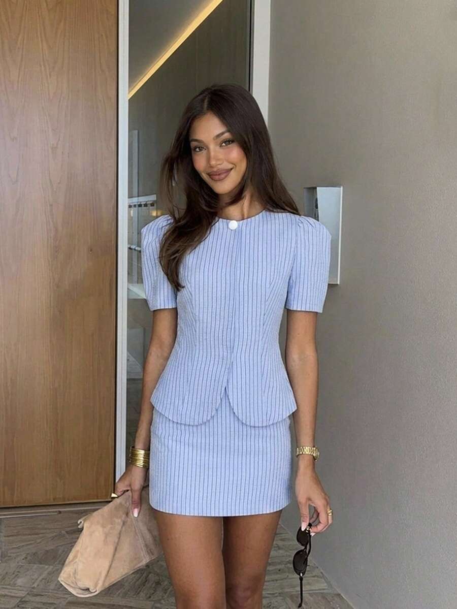 Siren Gaze Summer Fall Winter Women Striped Set Puff-Sleeve Fitted Top Low-Waisted Skirt Y2K Elegant Casual Formal Wedding Graduation Blue Social Office Wear - Blue - View 1