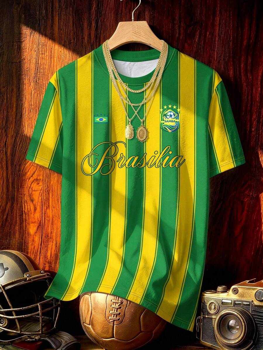 Manfinity Campus Court 男士 Brasilia 綠黃條紋足球 T-shirt,世界盃巴西球迷上衣,適合賽事、聚會、旅行與日常穿著,假日款 - 彩色 - 查看 1