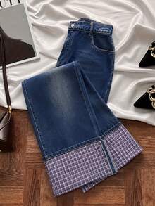 GlowEve CURVE Plus Size Women's All-Season Non-Stretch Casual Plaid Denim Jeans With Semi-Elastic Cuffs - Dark Wash - View 7