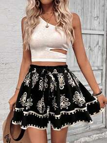 EMERY ROSE Plus Size Black Base White Boho Floral Tile Print Paperbag Drawstring Elastic High Waist Lightweight A Line Skort Women Summer Daily Wide Leg Shorts - Multicolor - View 1