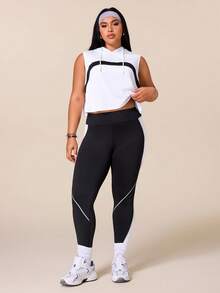 SHEIN Rhythm Era 女款運動瑜珈戶外健身運動套裝，抽繩連帽無袖寬鬆運動衫，胸前弧形對比色設計，緊身運動褲配條紋與色塊對比 - 彩色 - 查看 7