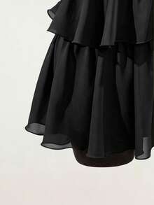 SaltGleam SaltGleam Women's Solid Color French Fashion Multi-Layer Ruffle Hem Halter Neck Tie Strap Dress - Black - View 6