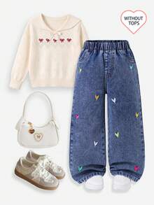 SHEIN Young Girls Loose Straight Leg Denim Pants, Elastic Waistband For Comfortable Wear, Dark Blue Washed Denim With Colorful Heart Embroidery, Can Be Paired With T-Shirt Or Shirt, Suitable For Casual, School Or Outdoor Scenes - Dark Wash - View 4