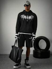 Sport MetroGents 男士圖案印花連帽長袖運動衛衣，健身房穿搭 - 黑色 - 查看 3
