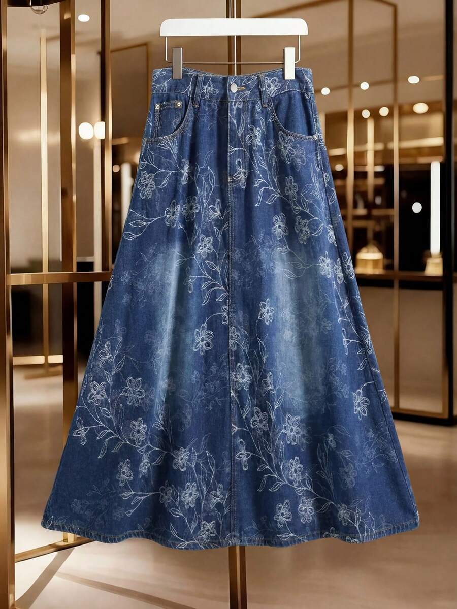 GlowEve 女款花卉圖案口袋休閒牛仔裙 - 藍色 - 查看 1