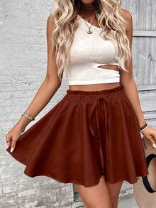 EMERY ROSE Plus Size Solid Rust Brown Paperbag Drawstring High Waist Flowy A-Line Ruffle Hem Skort Women Summer Casual Wide Leg Shorts - Multicolor - View 5