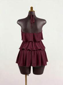 SaltGleam SaltGleam Women's Summer Elegant Solid Color Backless Halter Mini Dress - Burgundy - View 2