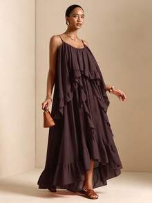 Vesra Gaun Camisole Longgar Wanita Warna Polos dengan Ruffle dan Hem Asimetris - Coklat - View 3