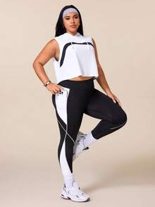 SHEIN Rhythm Era 女款運動瑜珈戶外健身運動套裝，抽繩連帽無袖寬鬆運動衫，胸前弧形對比色設計，緊身運動褲配條紋與色塊對比 - 彩色 - 查看 6