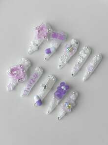 ROMWE Anime 10 Y2K Purple Star Bow Handmade Fake Nails + 3 Double-Sided ...