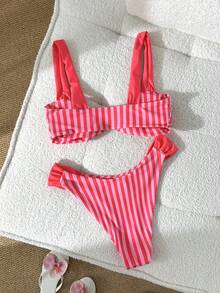 Swim Vcay Women's Sexy Tropical Wireless Bikini Set With Small Pearl Buckle Link Accents And Flag Pattern Patchwork, Spring/Summer Beach Party Red Stripe - Pink - View 2