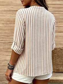 EMERY ROSE Áo blouse nữ size lớn sọc thời trang phong cách thường ngày cho mùa thu - Màu Khaki - Xem 2
