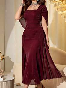 Modelyn Elegant Mesh Shiny Fabric Strapless Shawl Sleeve Slim Fit Regular Spring/Autumn Plus Size Dress - Burgundy - View 4