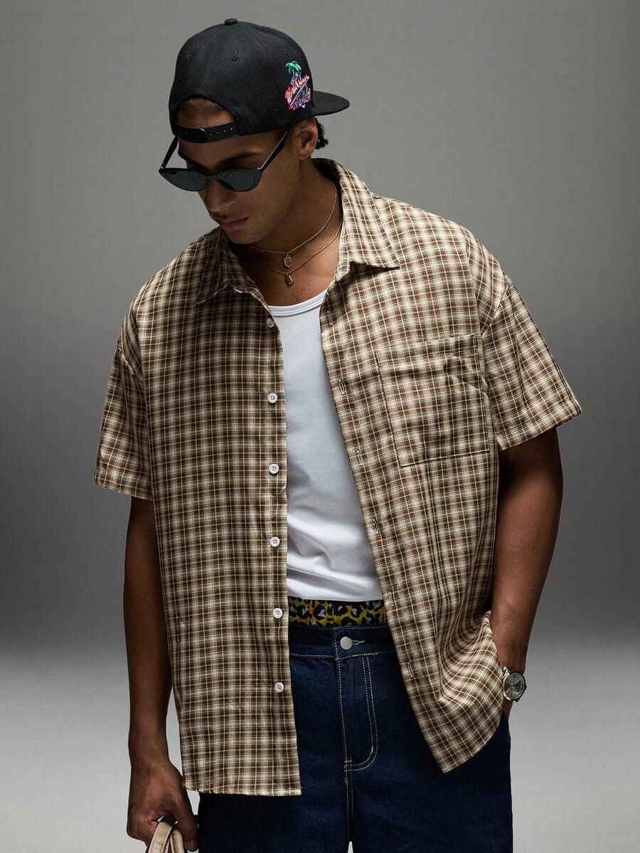 Sport MetroGents Men's Brown Plaid Short Sleeve Shirt,Single Pocket Classic Style For Summer,Streetwear,City Break,Back-To-School,Comfortable Fabric Versatile Top